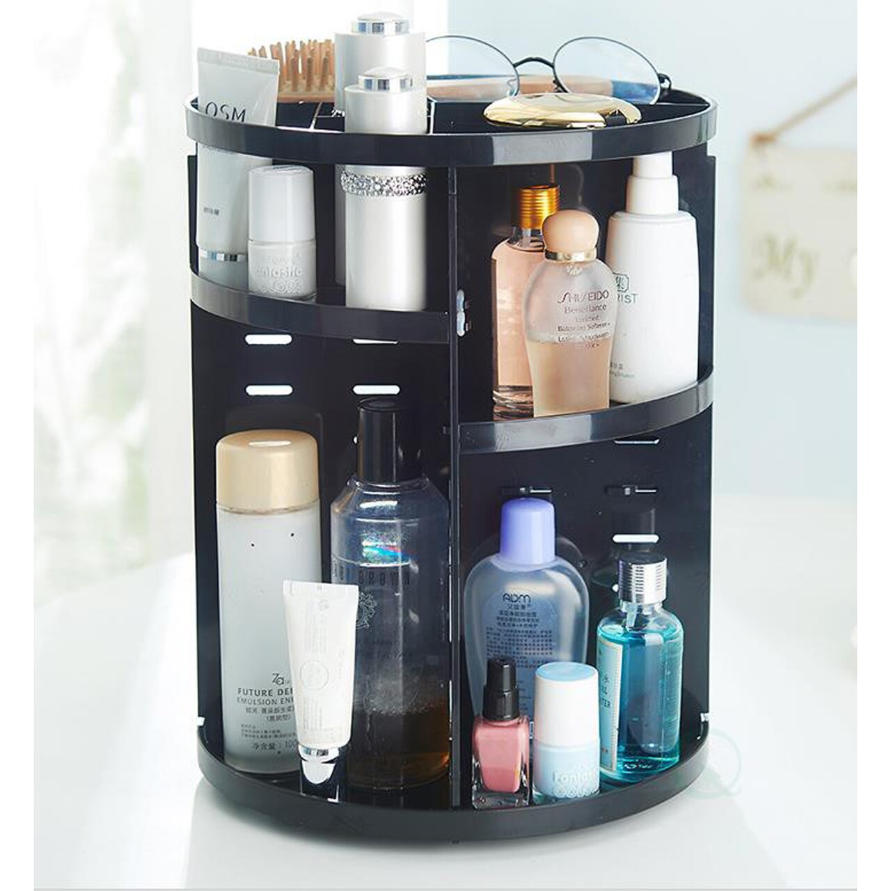 Rotating Makeup Organizer Tower 9In Dia X 12In H Adjustable Spinning Storage